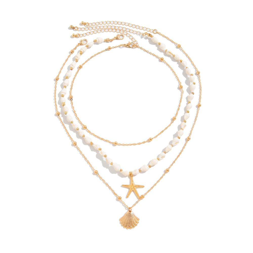 Starfish Shell Multilayer Necklace Mulitlayer Pearl Beaded Necklace Clavicle Chain Women  Beach