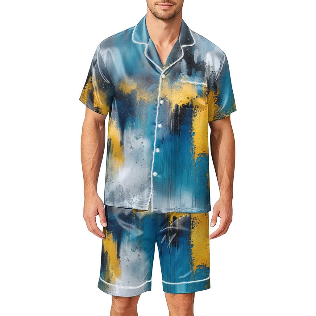Men Satin Short Sleeve Pajama Set Two Piece Sleepwear with Shorts and Pockets Lightweight Comfortable Lounge Wear