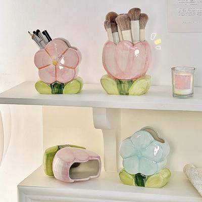 Yousheng Ceramiczny Pojemnik na Długopisy w Kształcie Kwiatu Ręcznie Robiony Tulipan Pudełko do Przechowywania Kosmetyków Organizer na Pędzle do Makijażu Pojemnik na Długopisy w Kształcie Kwiatu na Biurko w Domu lub Biurze