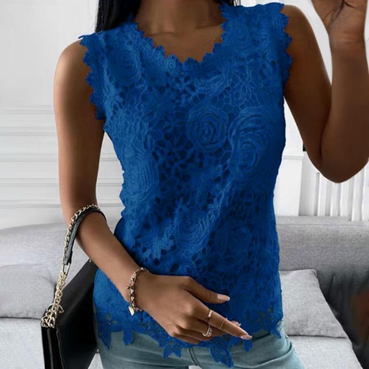 Lace Splicing Sleeveless Tops for Women Solid Color Round Neck Blouse