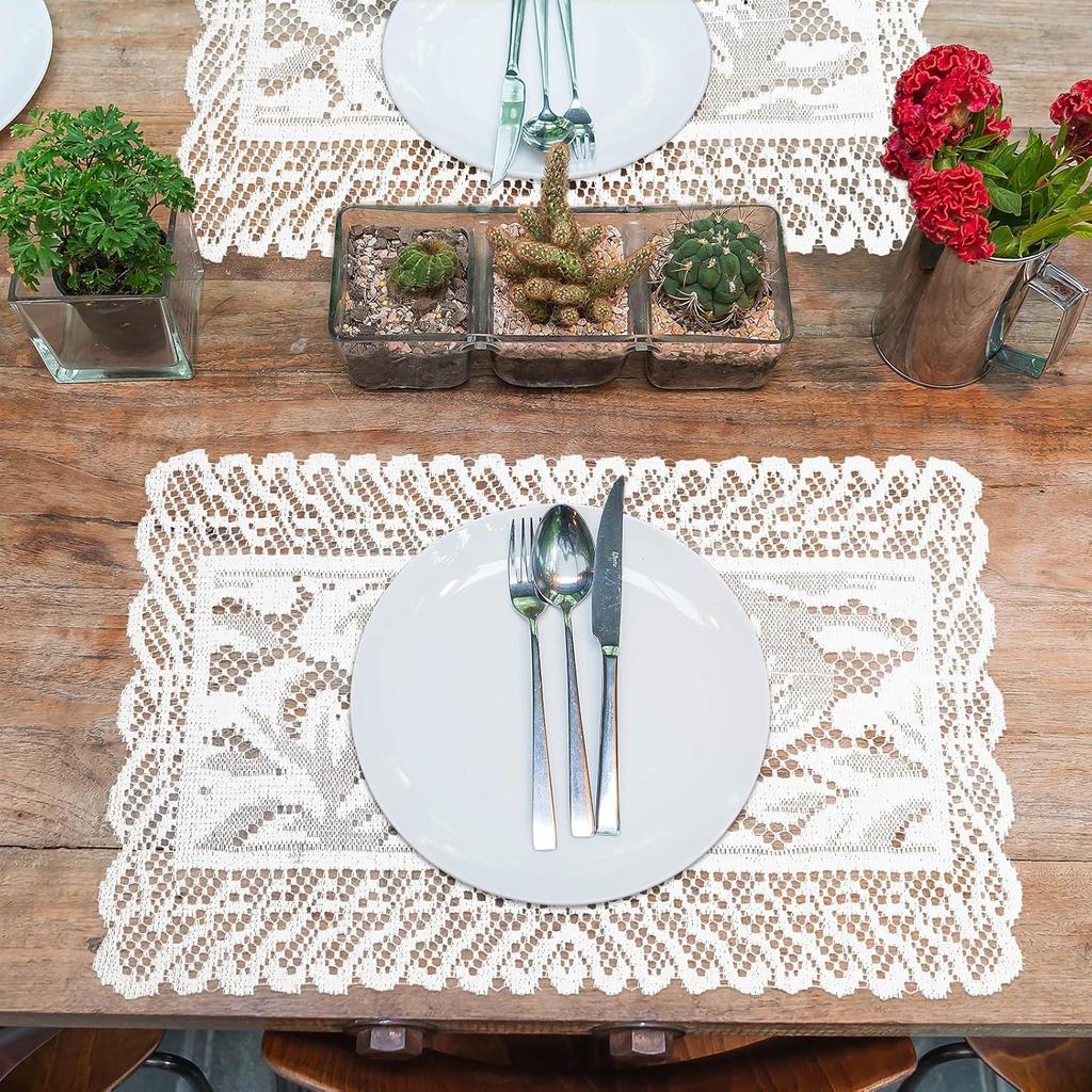 Rectangle Lace Placemats for Tables, 2 PCS White Lace Placemats Vintage White Laces Tablemats Embroidered Crochet Placemat Cloth Laces Floral Table