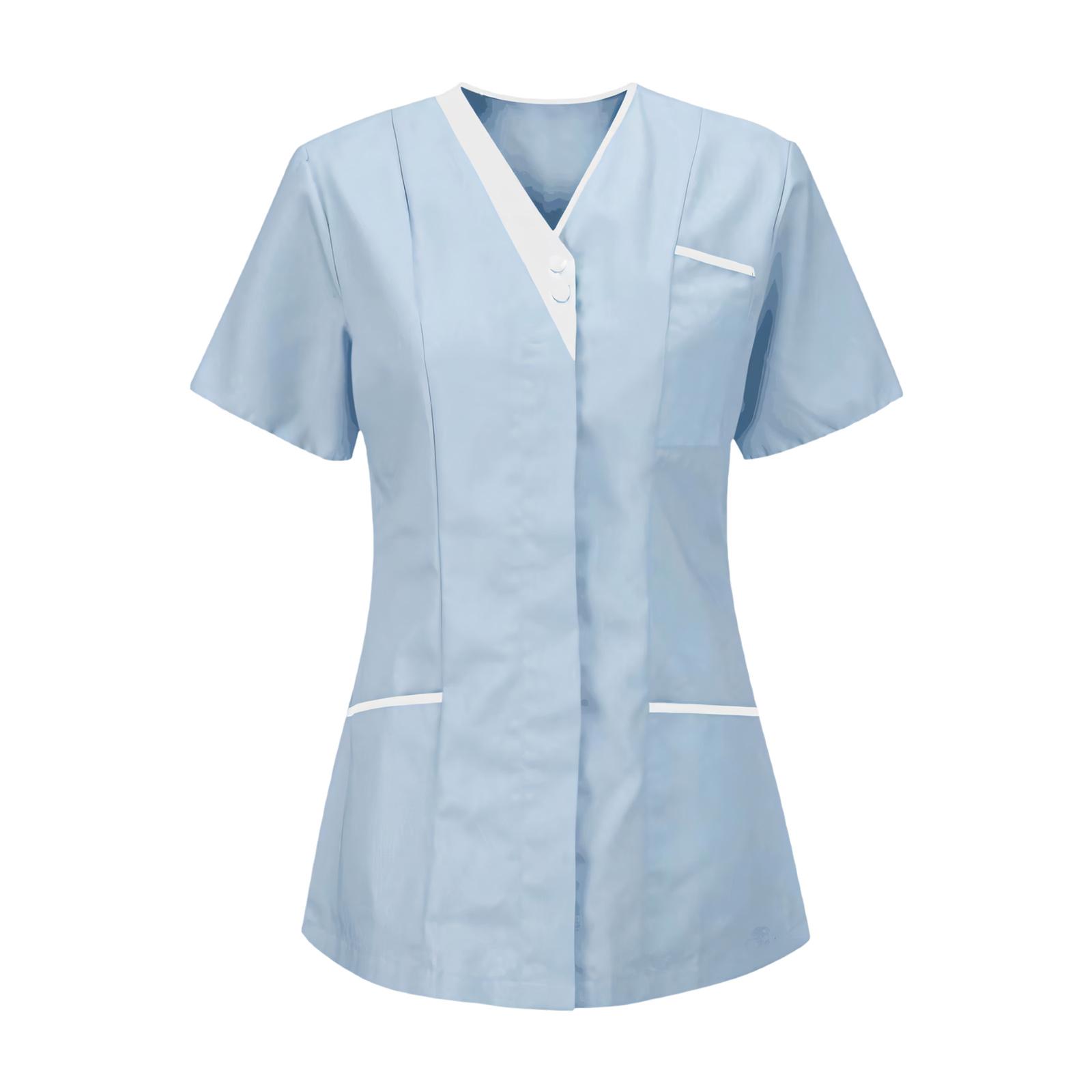 Women s Short Sleeve Scrub Top Housekeeping Uniform Shirts Nurse Scrubs T Shirt Top L небесно-голубой