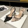 2025 New Design Embroidered Lace Bow High Heels Pointed Thin Stiletto Sexy Women Vulcanized Sandals