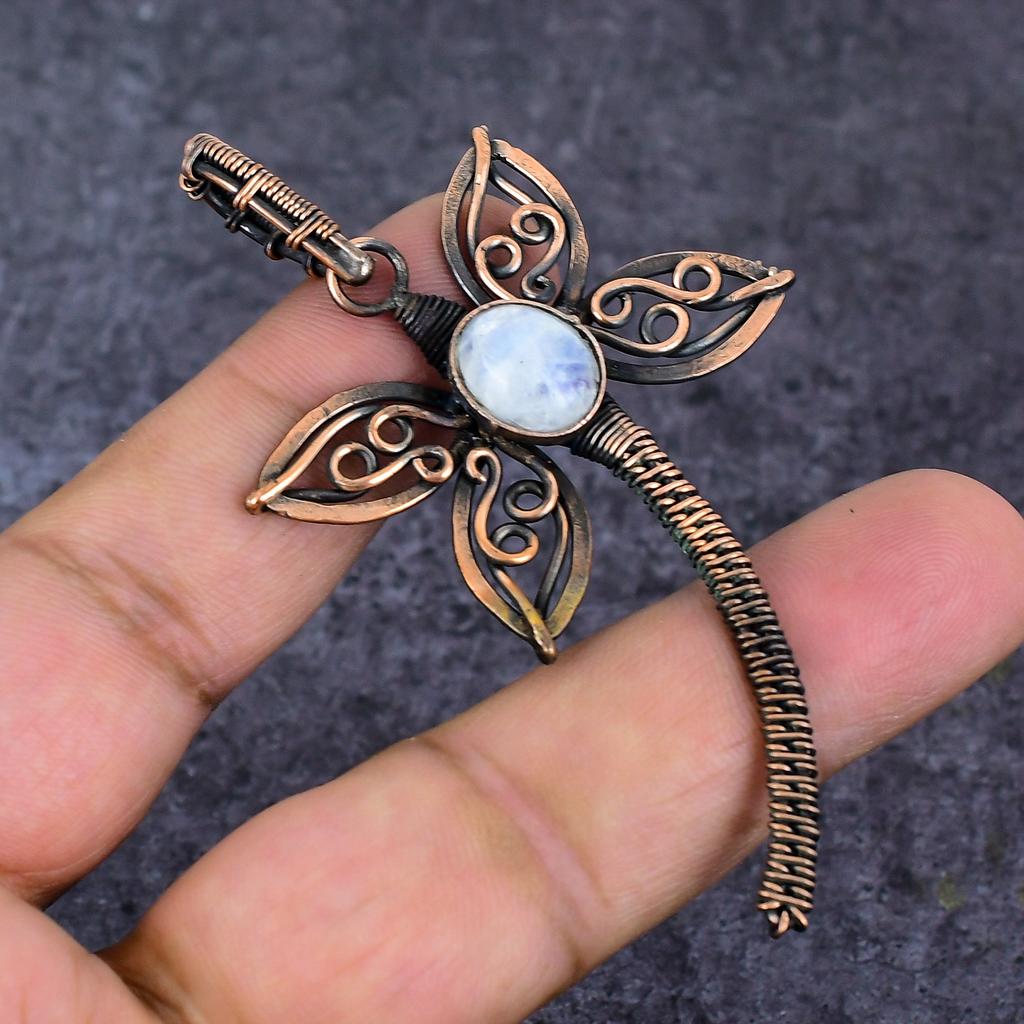 Natural Moonstone Gemstone Handmade Copper Wire Wrap Jewelry Pendant 2.96" ET-4657