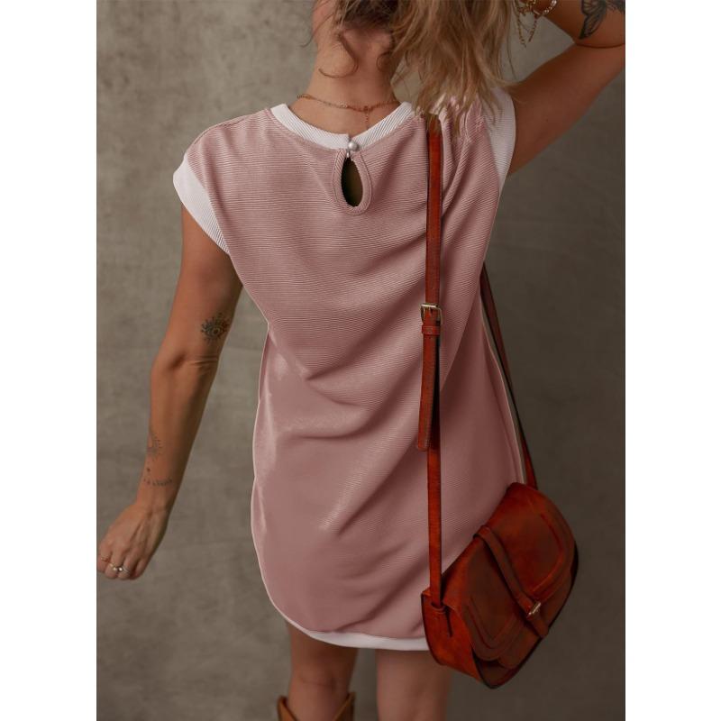 YYFS Dámská móda Léto Jaro Jednobarevný potisk Neformální šaty s krátkým rukávem a výstřihem do O s volným pasem