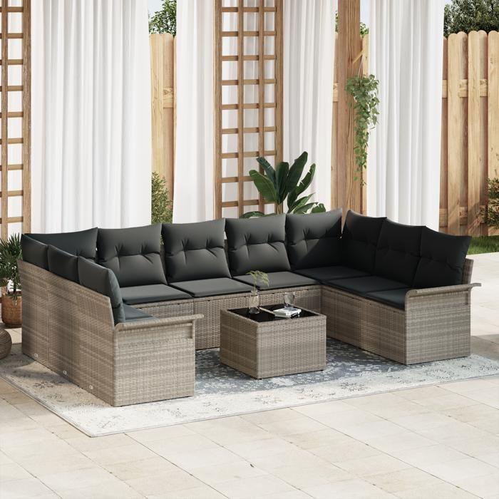 Ensemble de 10 pièces de canapé de jardin avec coussins en rotin poly gris, Canapé de jardin 2 places avec rangement 3354201