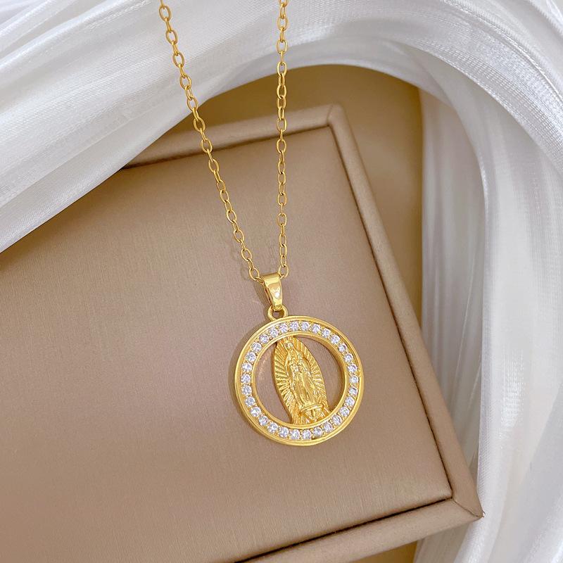 

Classic Virgin Mary Zircon Circle Pendant Necklace for Women Men Gold Color Stainless Steel Chain Jewelry Accessories Gifts
