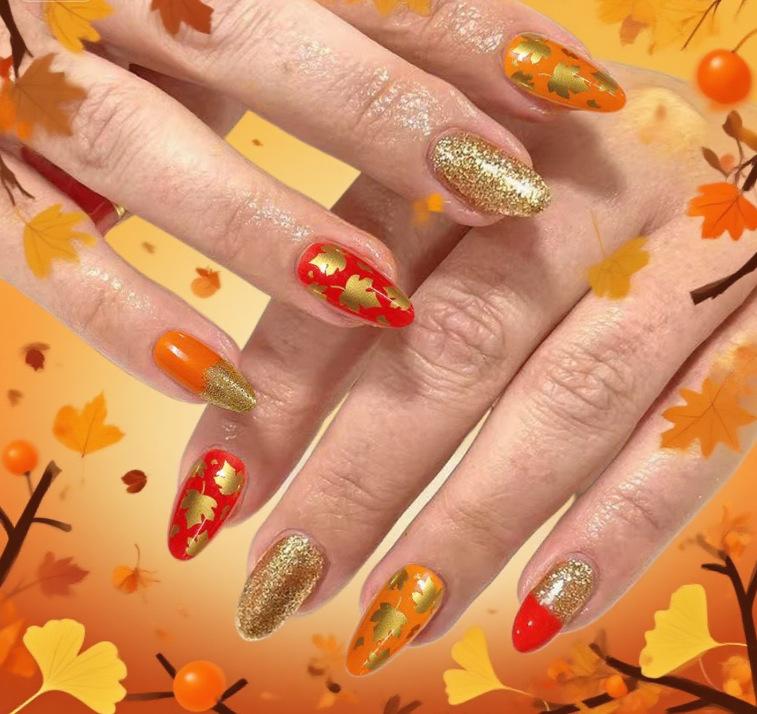 Hot-selling nail art autumn simple small fresh and elegant maple leaf gold glitter long almond wear armor