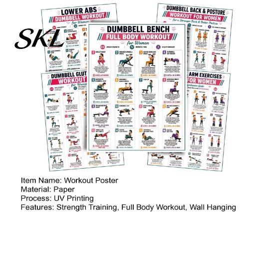 Total Body Fitness Set 5 Pcs Dumbbell Workout Poster Set, Full Exercise Charts for Back, Core, Arm, Glutes Legs, Strength Training Guide Wall