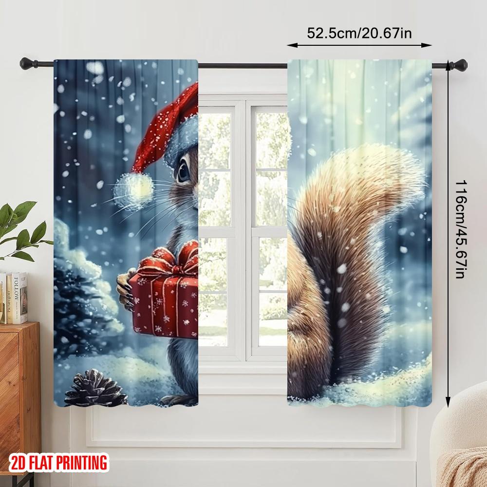 2pcs,2D Plane Printing Minimalist Curtains Cute Squirrel Christmas Gift Durable Polyester (without Rod) All Seasons Use for