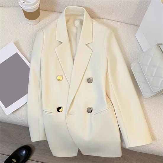 Women Suit Coat Lapel Long Sleeve Double Placket Suit Jacket with Pockets Solid Color Loose Fit Mid-length Business Outerwear