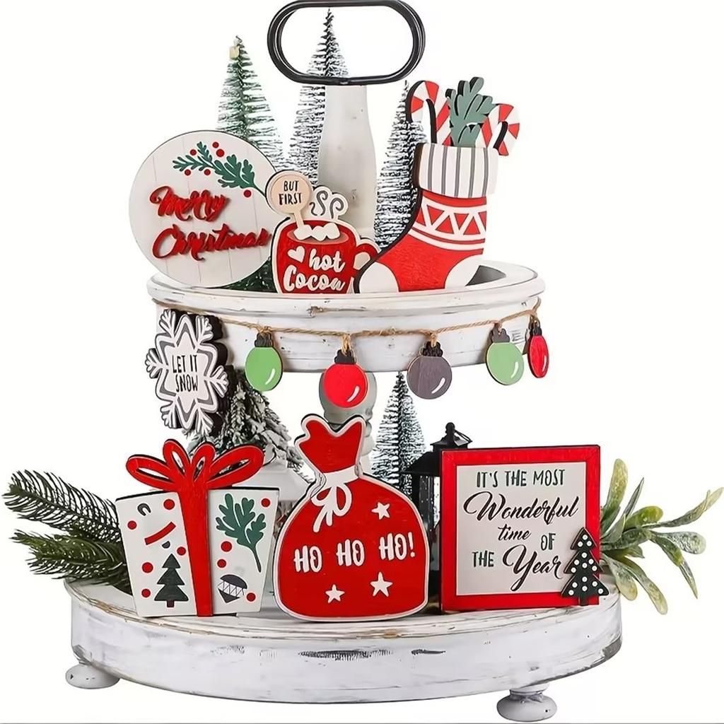 Christmas Tiered Tray Decor,Christmas Tree Rustic Farm-House Wooden Signs Decorations For Kitchen Home Table Party Supplies, Tray Not Include(7pc)