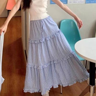 Plus Size Women's Summer French Sweet Lace-Trimmed Plaid Tiered Midi Skirt - High-Waist Cake-Layer Long Skirt with Elegant Flair