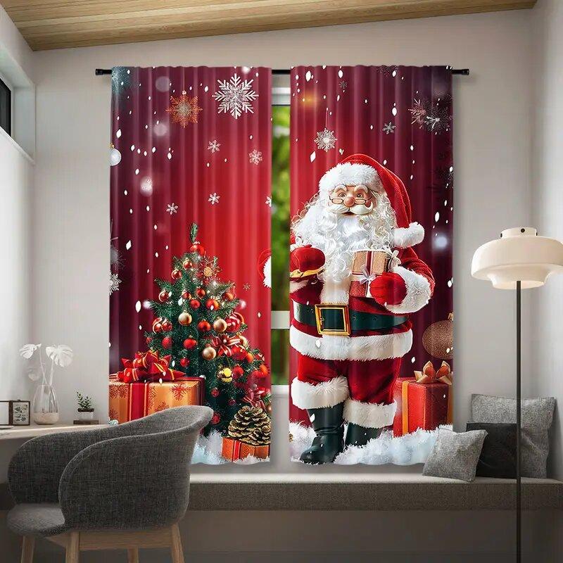 2 Pieces of Santa Claus and the Christmas Tree Printed Curtains   Pole Bag Curtains   Home Decoration   Room Decoration
