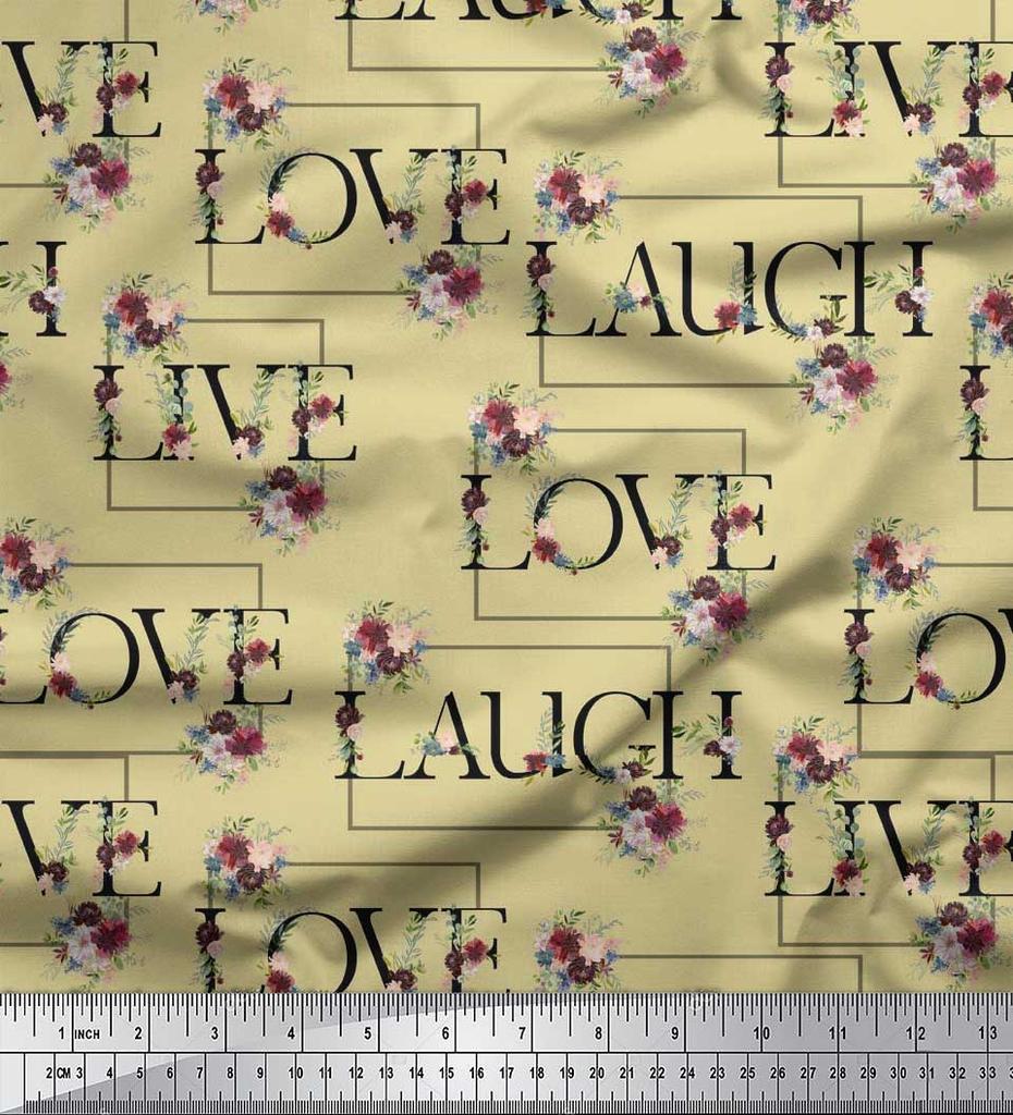 Soimoi Japan Crepe Satin Fabric Floral Love Text Fabric Prints By Metre 42 Inch