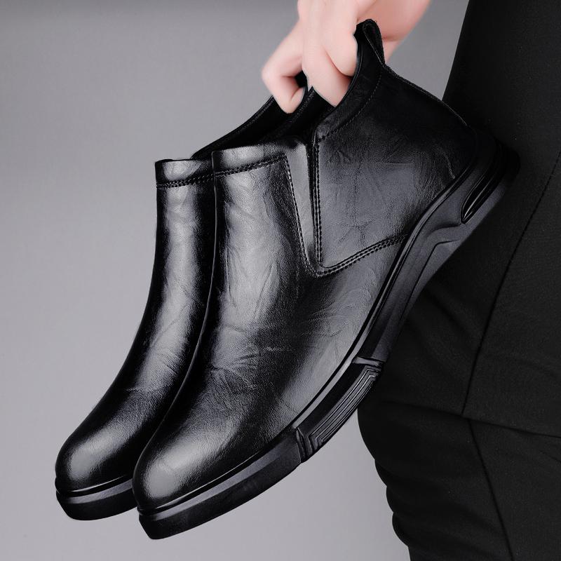 Classic Men Genuine Leather Ankle Boots Fashion Handmade Casual Walking Shoe Slip on Antiskid Driving Shoes Warm Plush Fur Boots