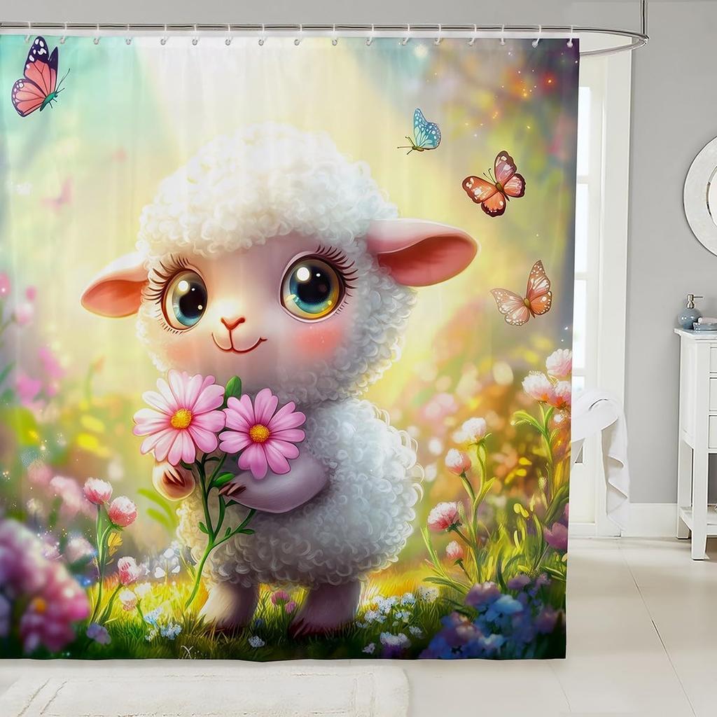 Cartoon Black Cat Shower Curtain Retro Pink Cherry Blossom Wild Flowers Bathroom Curtain Kids Teens Adults Cute Animal Vintage