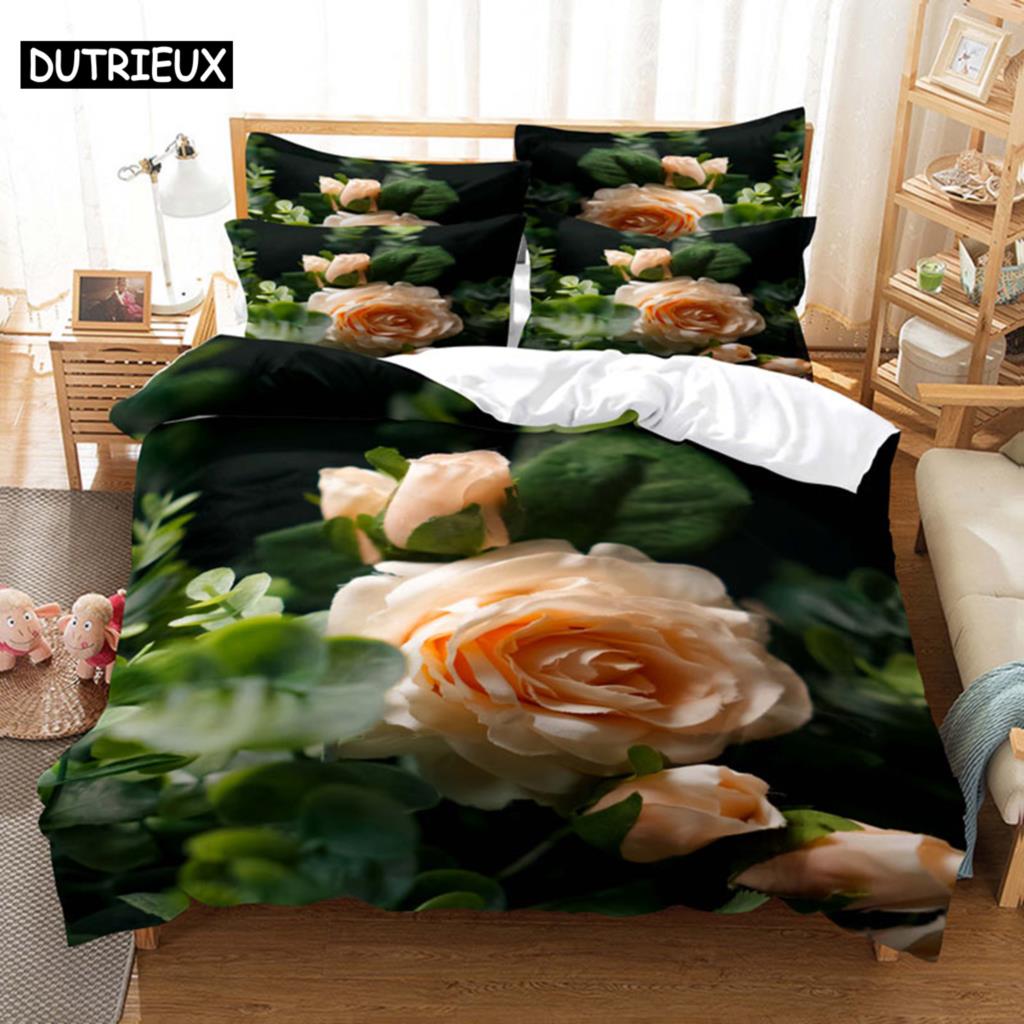 Comforter Pink Rose Bedding Set Linens Quilt Comforter 3D Pillow Case Double Full King Queen Twin Single 3Pcs 2Pcs Home Texile
