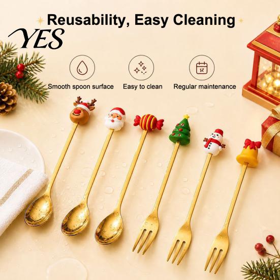 Rust Resistant Flatware Christmas Fork/Spoon, Durable Stainless Steel, with Cute 3D Doll Spoons Decor Utensil, for Festive Home Restaurant Steel Spoon