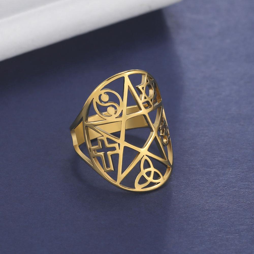 Dawapara Coexist Spiritual Symbols Adjustable Ring Good Luck Amulet Peace Unity Religious Dharma Wheel of Life Stainless Steel