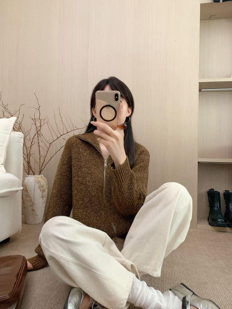Women's Thickened Wool Sweater Coat with High Collar and Double-Headed Zipper