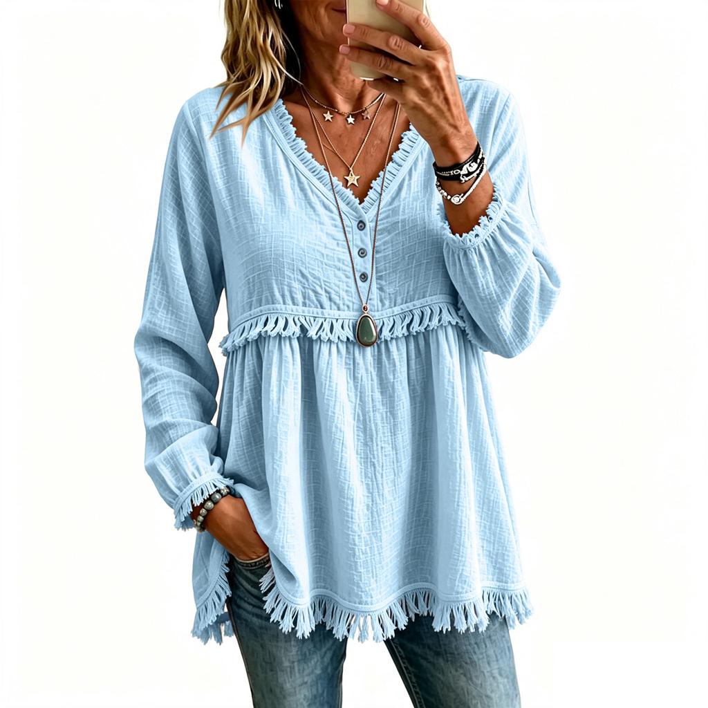 Women's Casual Loose Fit V-Neck Long Sleeve T-Shirt Top with Hem Color