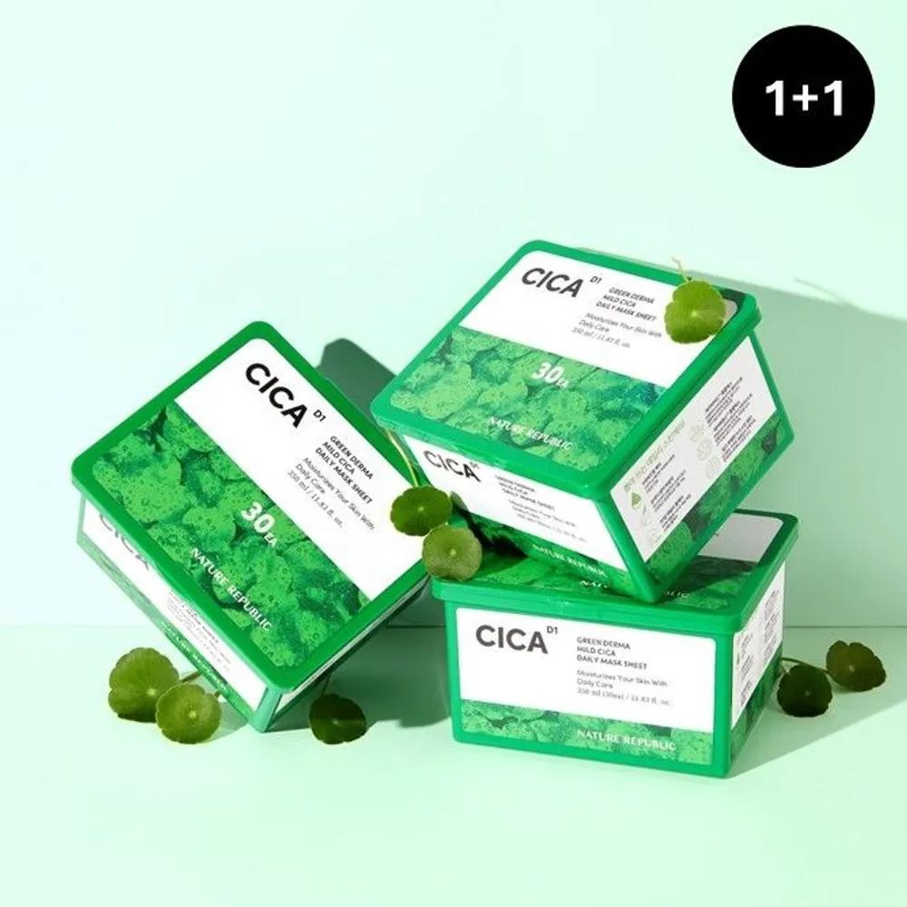 1+1 Nature Republic Green Derma Mild Cica Pull-out Daily Moisturizing Soothing Mask Pack (60 Sheets)