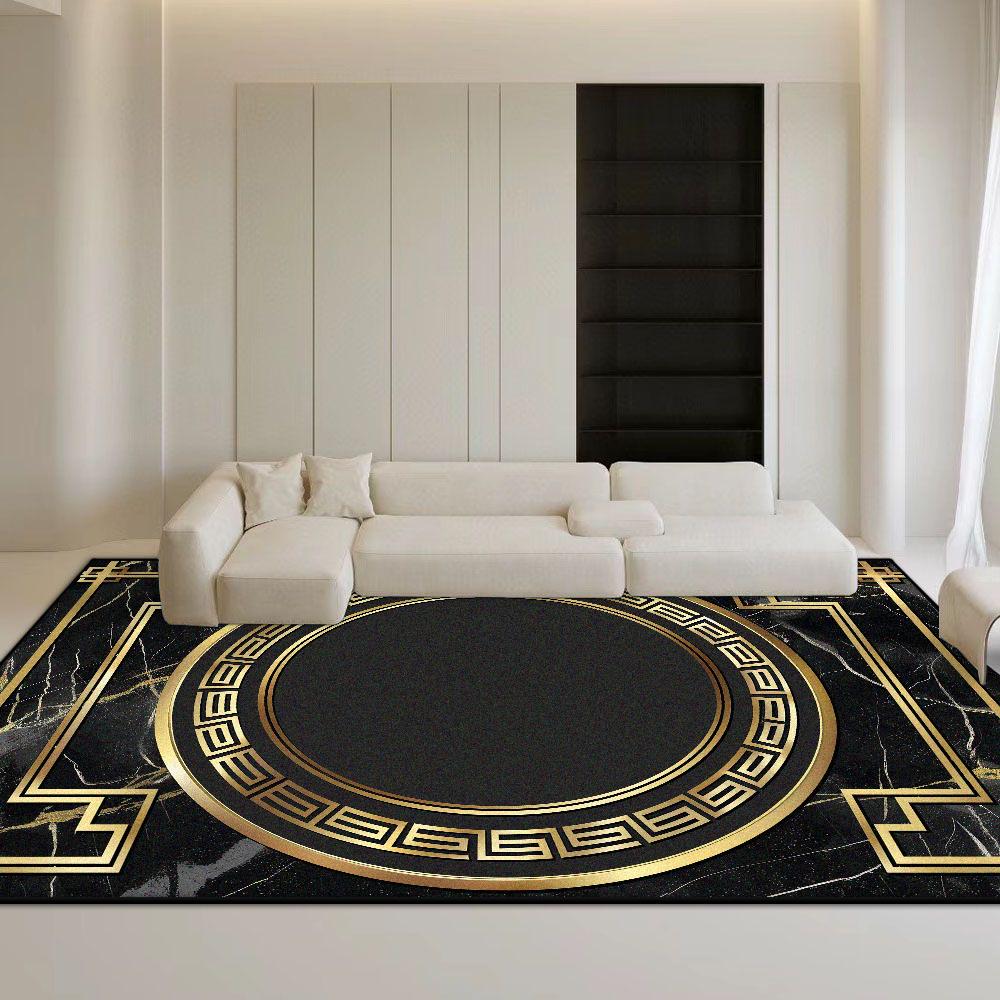 Marble Style Black Carpet Non-slip Big Size Golden Border Luxury Decor Rug for Living Room Soft Easy Cleaning Coffee Tables Mat