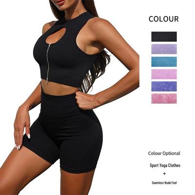 Conjunto de Yoga Feminino Sem Costura de Cintura Alta com Top franzido e Calças Legging com Zíper