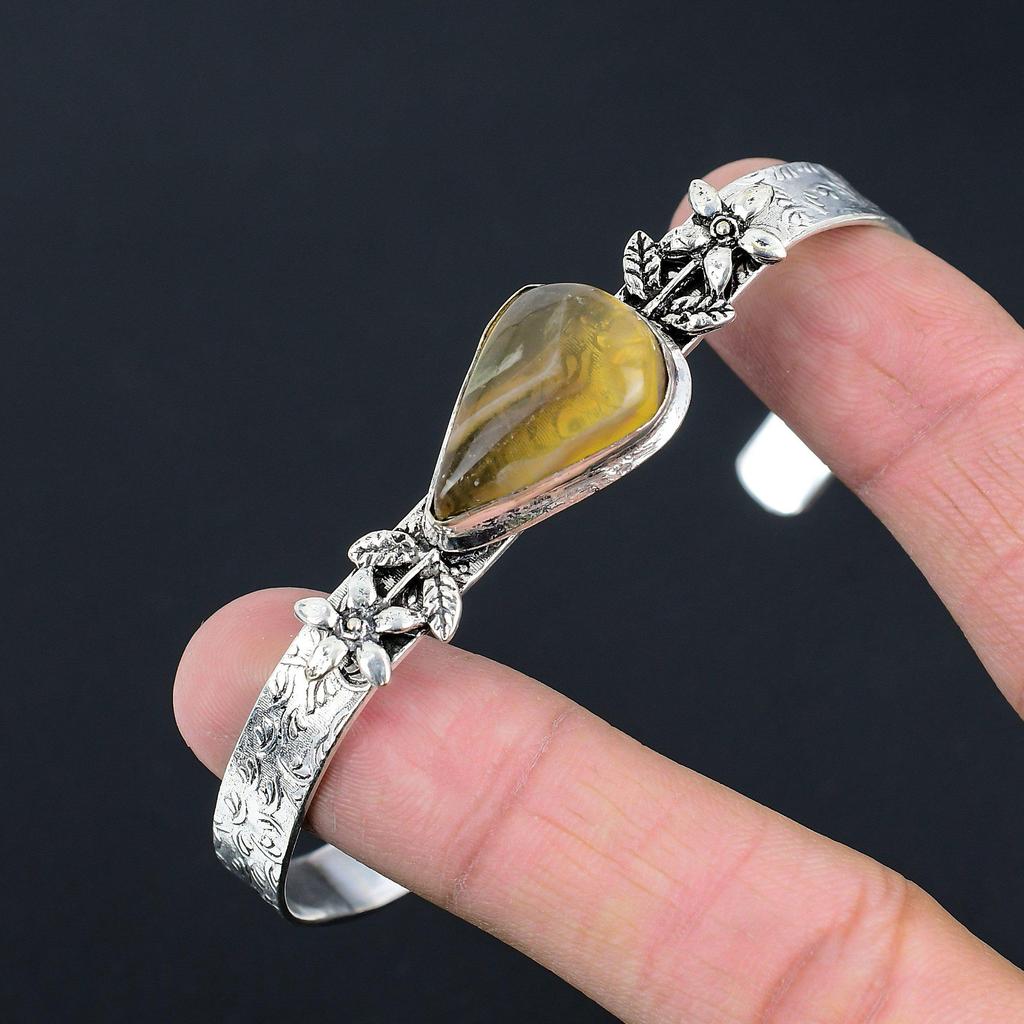 Natural Multi Fluorite Gemstone Bangle Flower Adjustable 925 Sterling Silver