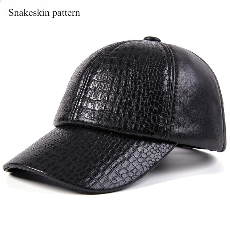 Men’s Genuine Sheepskin Leather Baseball Cap, Crocodile Pattern Warm Outdoor Hat for Autumn Winter