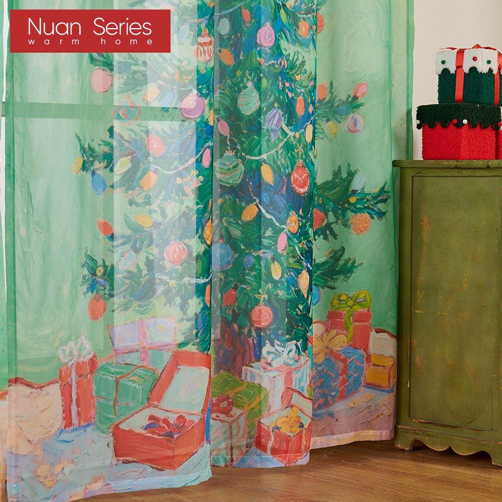 1PC Nuan Series Christmas Style Sheer Curtain Colorful Christmas Tree Print Tulle Curtain for Kitchen Bedroom and Living Room Home Decor