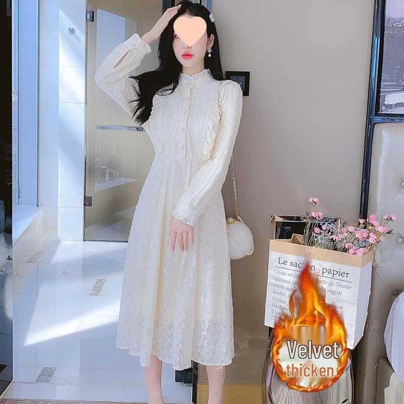 2025 Autumn/Winter Lace Mid-Length Dress: Thickened, Petite Temperament Style