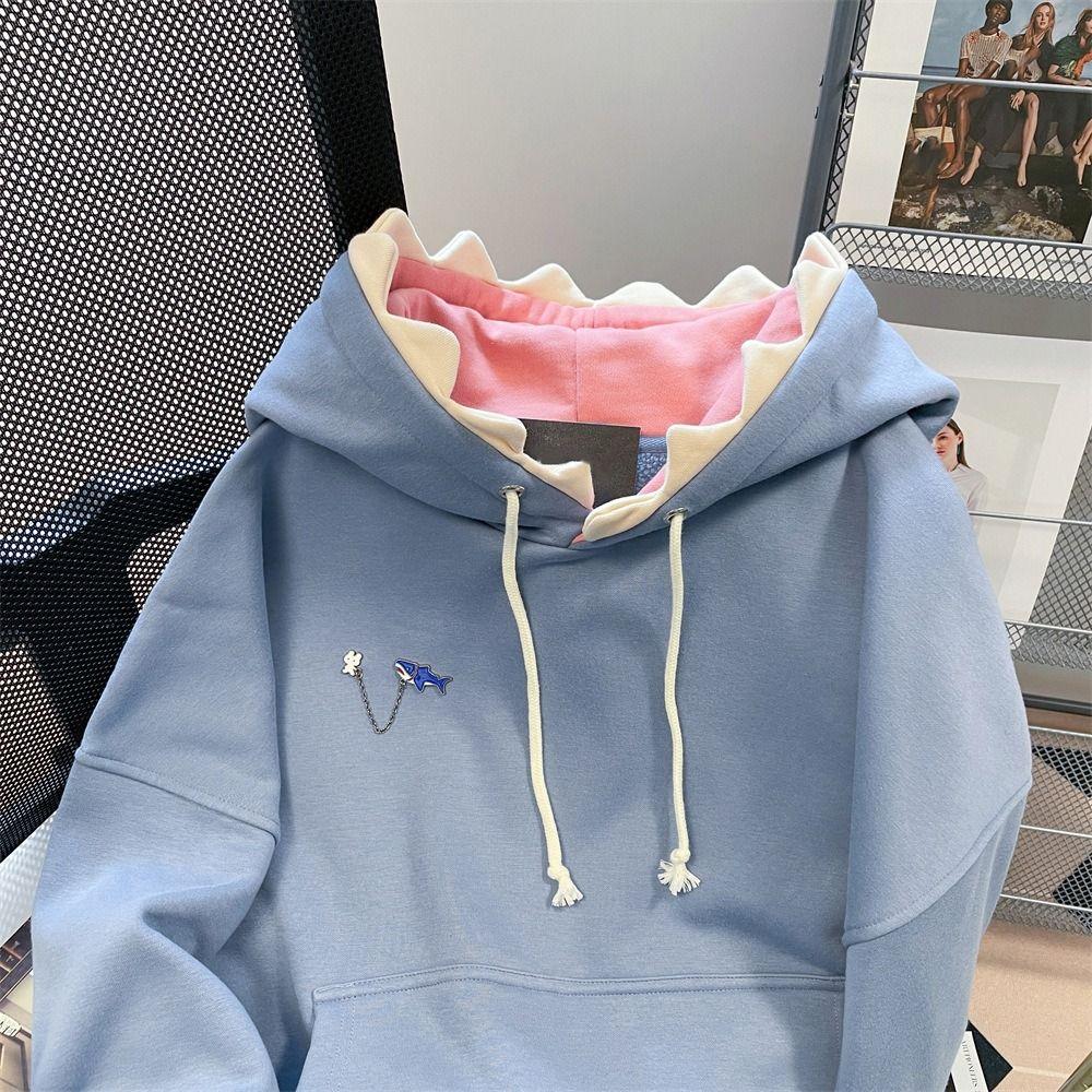 Drawstring Fleece Shark Hoodies Pullover Shark Hat Sweater Hooded Sweatshirts  Women Man
