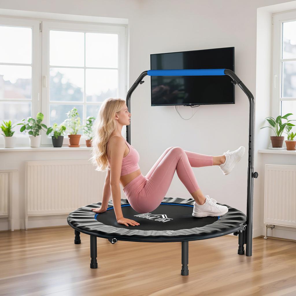 Fitness Trampoline, Dia 122 Cm, Folding, 4-Level Adjustable Handle, Black and Blue