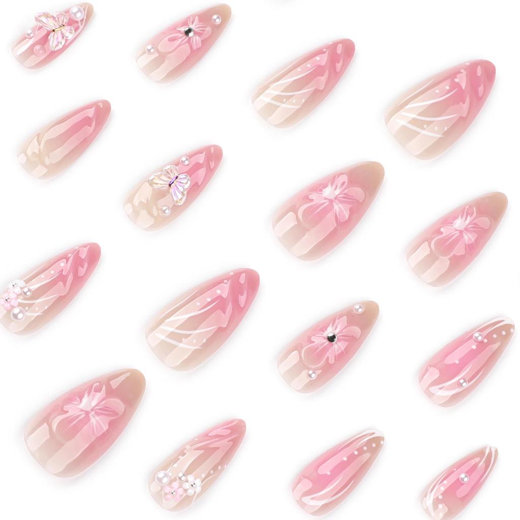 Cross-Border Blush Almond Shape Short Wearable 3D Flower Nail Art Tips