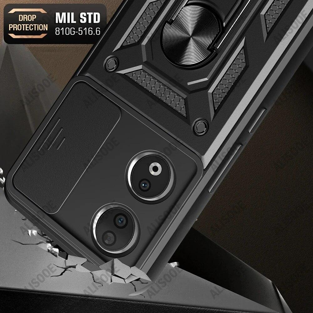 Slide Camera Lens Funda für Honor X7B CLK-LX1, CLK-LX2, CLK-LX3 Hülle Rüstung Ring Ständer Schutz Cover für Huawei Honor X7B Capa