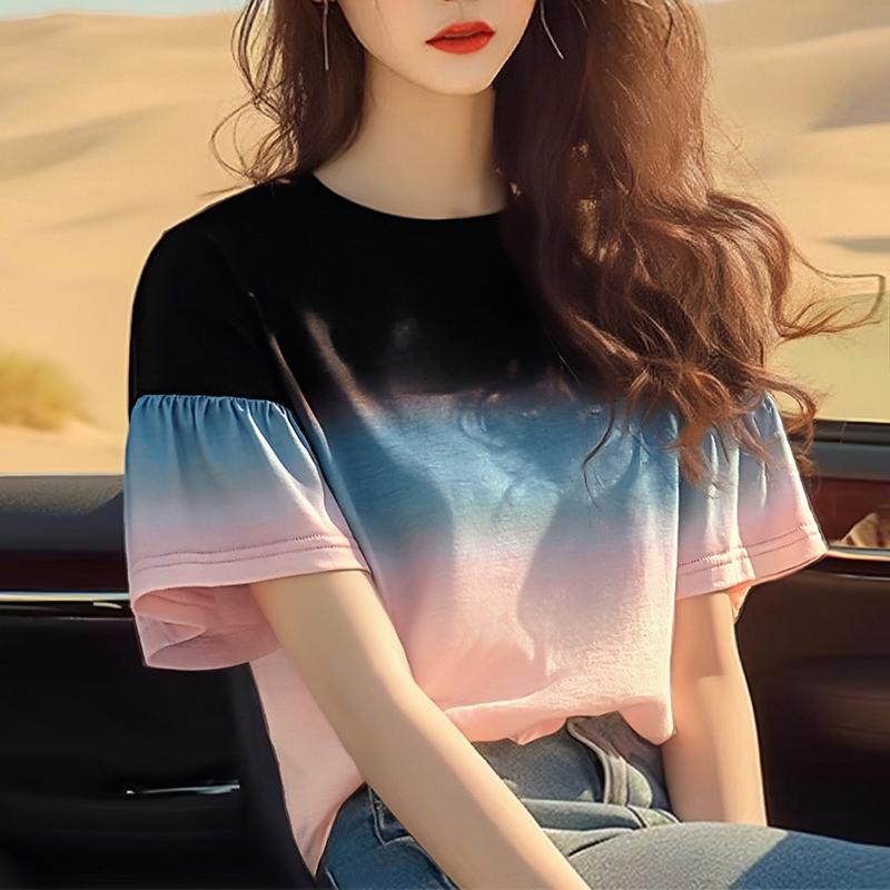 

ZANZEA Женские летние футболки с круглым вырезом, расклешенные, с коротким рукавом, с градиентным принтом 5XL розовый