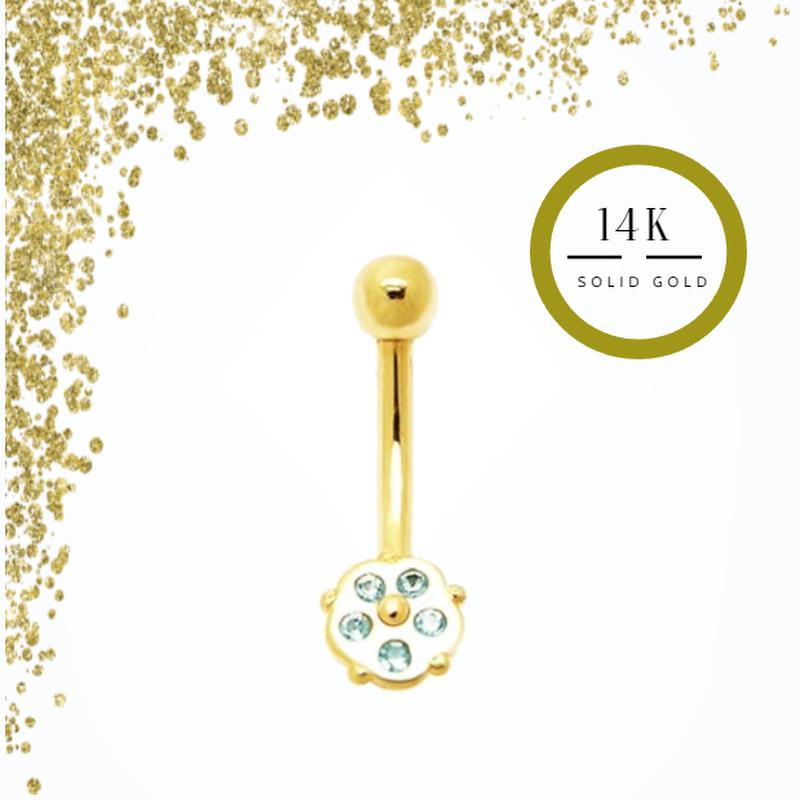 14K Gold Jeweled Tiny Flower Banana Bar Navel Ring - Quality Heart