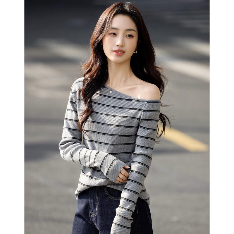 Women's Retro Striped Slanted Collar Knit Sweater