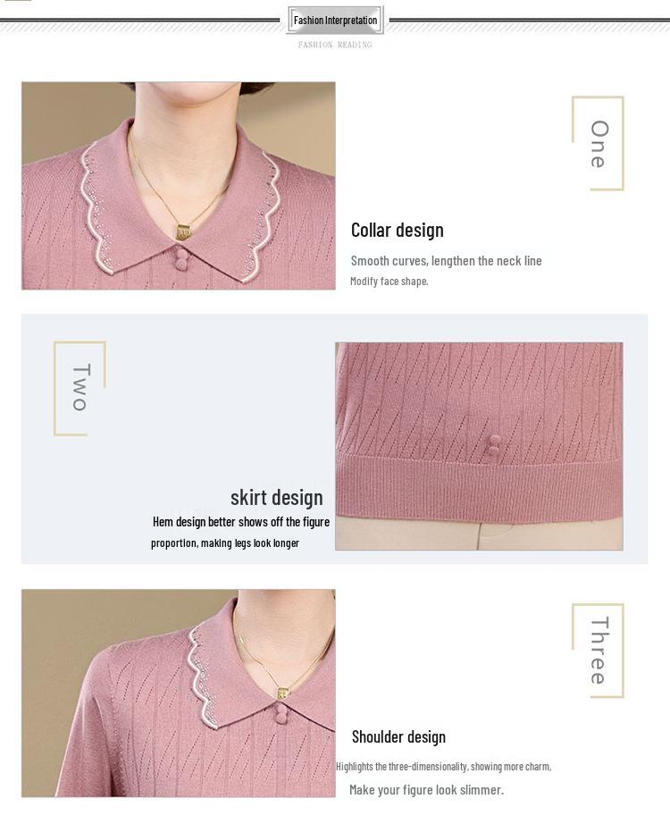 Elegant Knit Long-Sleeve Lapel Top for Middle-Aged Women: Spring/Autumn Casual Wear