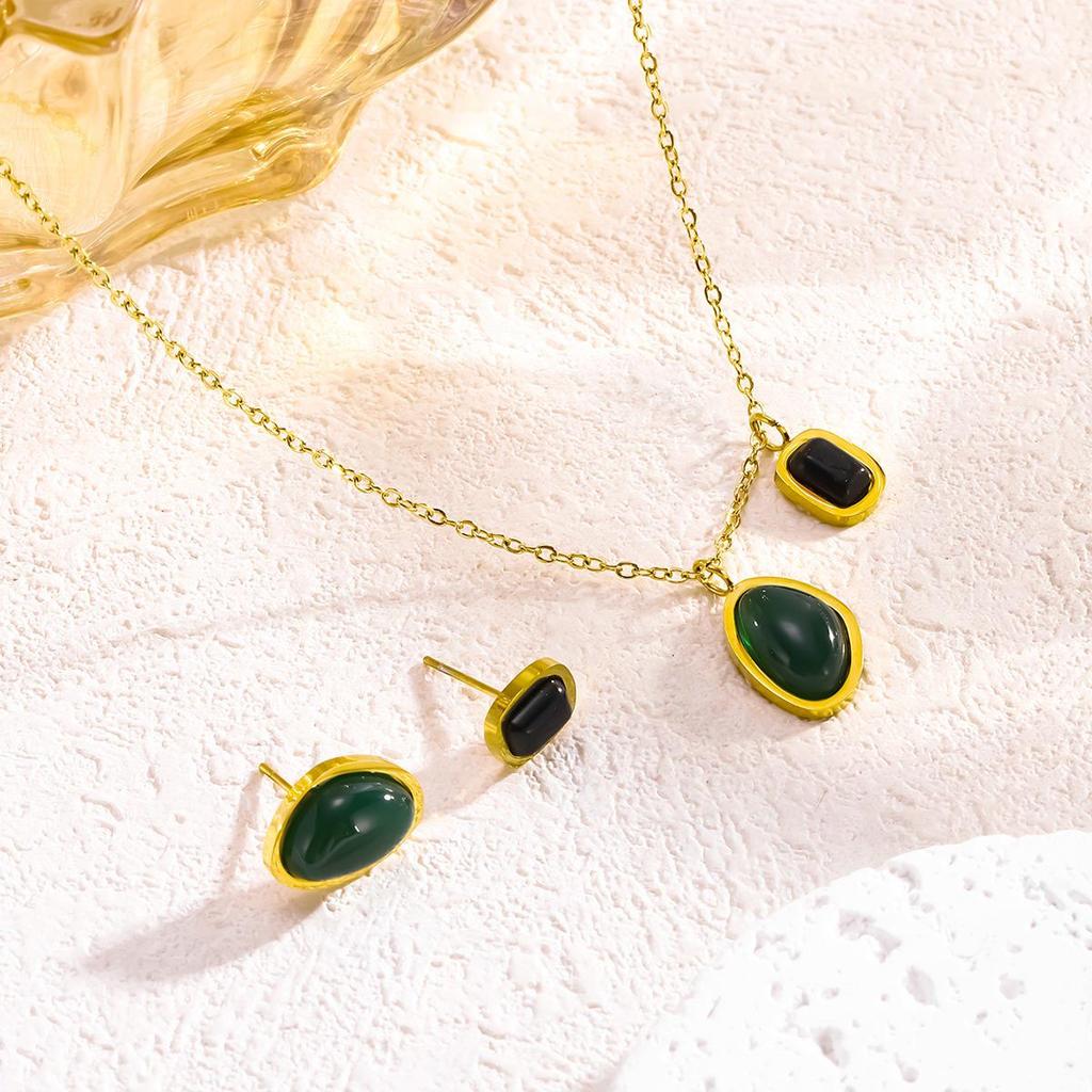 Green & Black Agate Double Pendant Necklace - Elegant 2026 Design, Colorfast Summer Clavicle Chain for Women