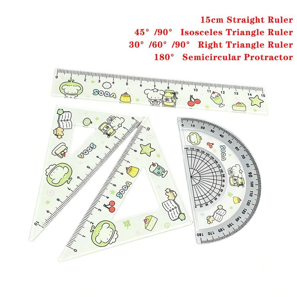 4pcs Math Geometry Tools Ruler Set Melon Dog Straight Ruler Portable Triangle Rulers School Office