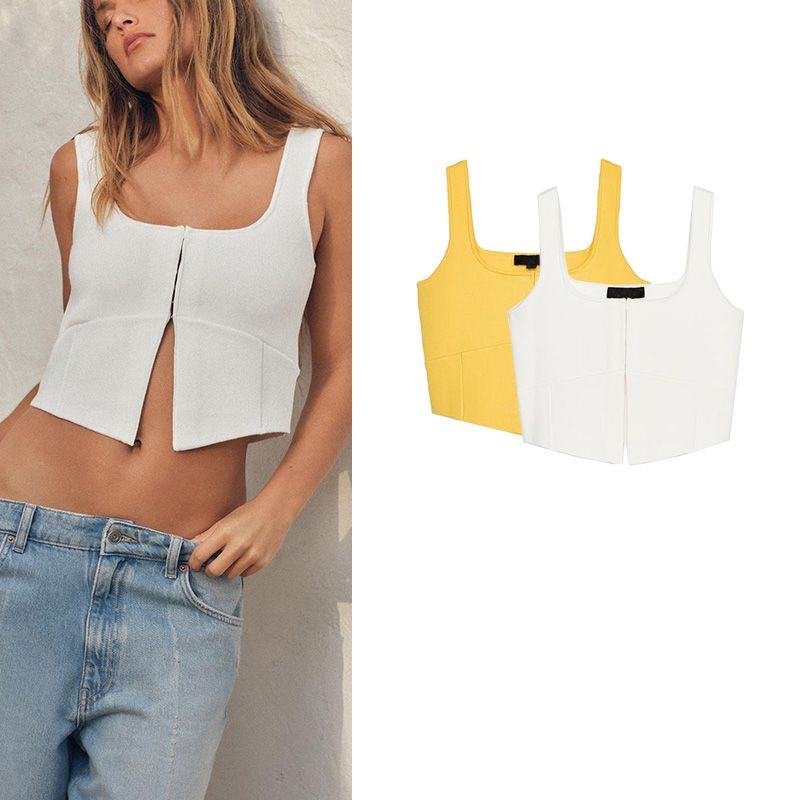 Spring and Summer New Women's Clothing Hidden Snap Button Simple Wide Shoulder Strap Knitting Vest Short Top 5536040