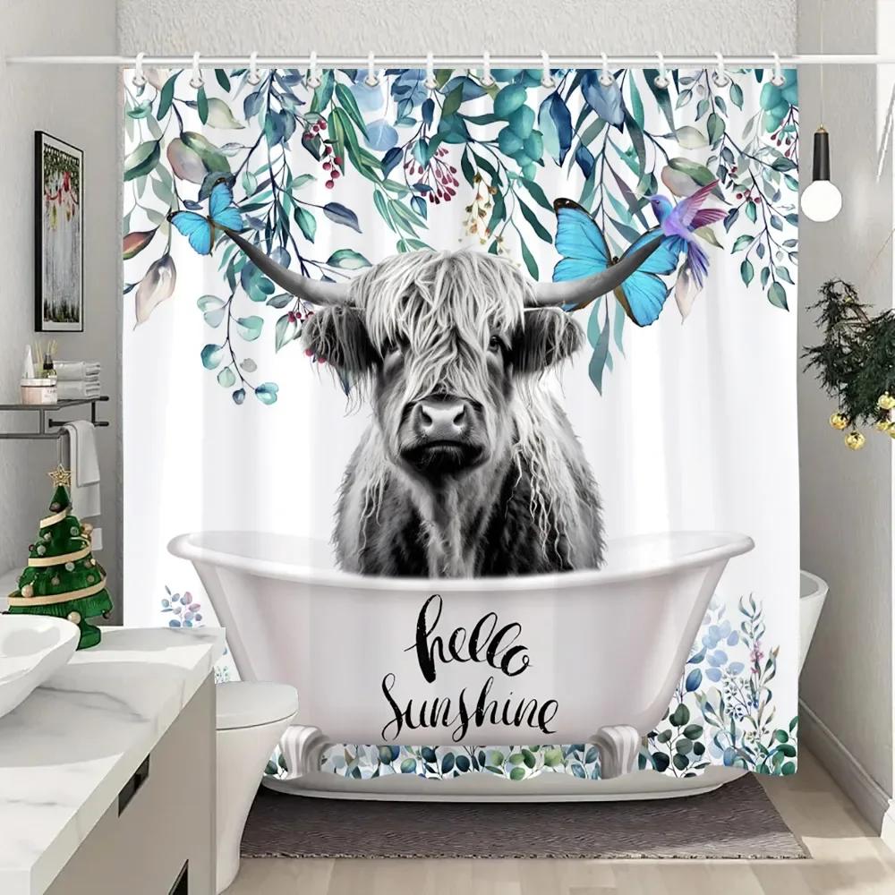 Funny Highland Cow In Bathtub Shower Curtain Green Plants Eucalyptus Leaves Sunflower Lavender Shower Curtains Bathroom Decor