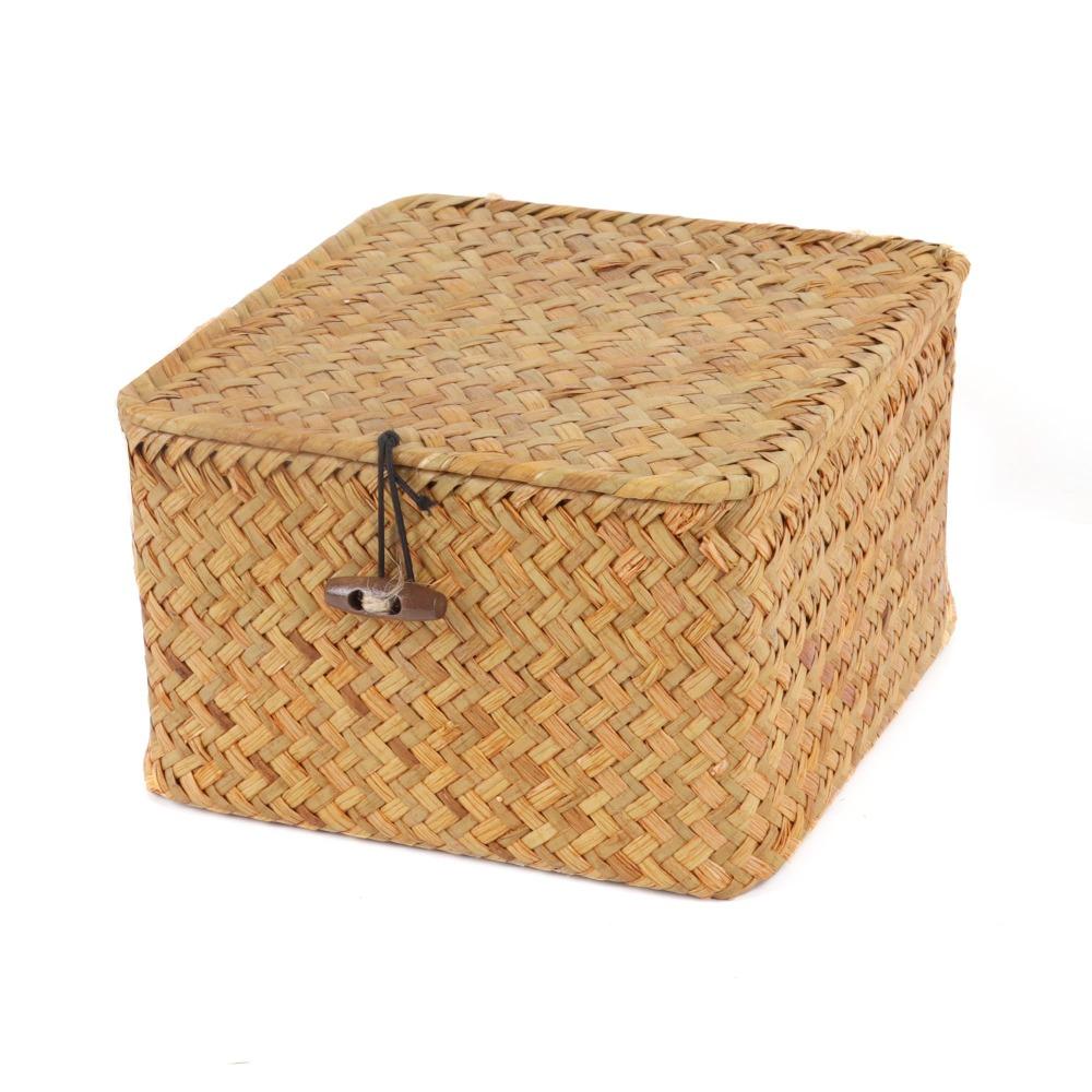 Eco-Friendly Sea Grass Wicker Shelf Baskets Weaving with Lid Storage Bins Handwoven Rectangular Storage Box Home Organizer
