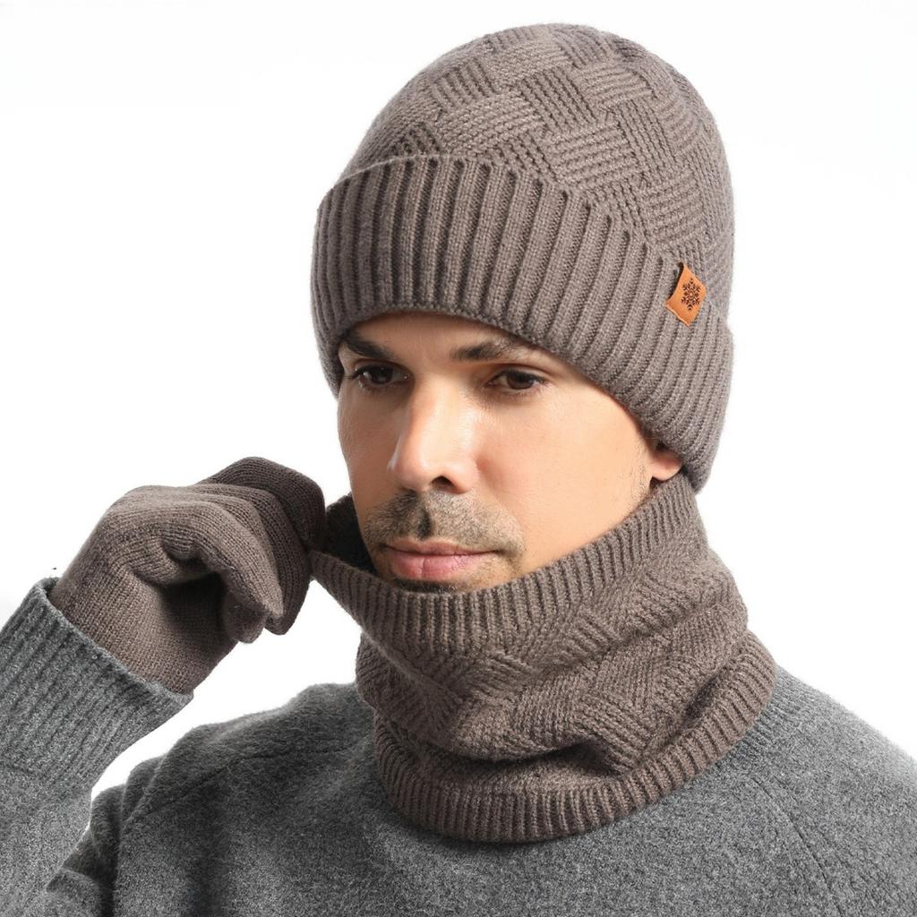 Men's, Knitted Hat, Cold Cap, Knitted Neck, Velvet Gloves, Thickened, Double Layer Neck, Gloves, Hat, Three Piece Set