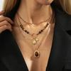 Salircon 3 Pcs/set Vintage Sunflower Brown Stone Beads Pendant Necklace for Women New Trendy Charms Sweater Chain Jewelry Gifts