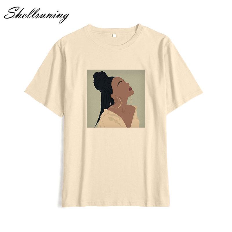 Shellsuning Summer Vintage Printed Cotton T Shirt Women Loose Short Sleeve Trend Tees Female Casual Streetwear All-match Basic Tops