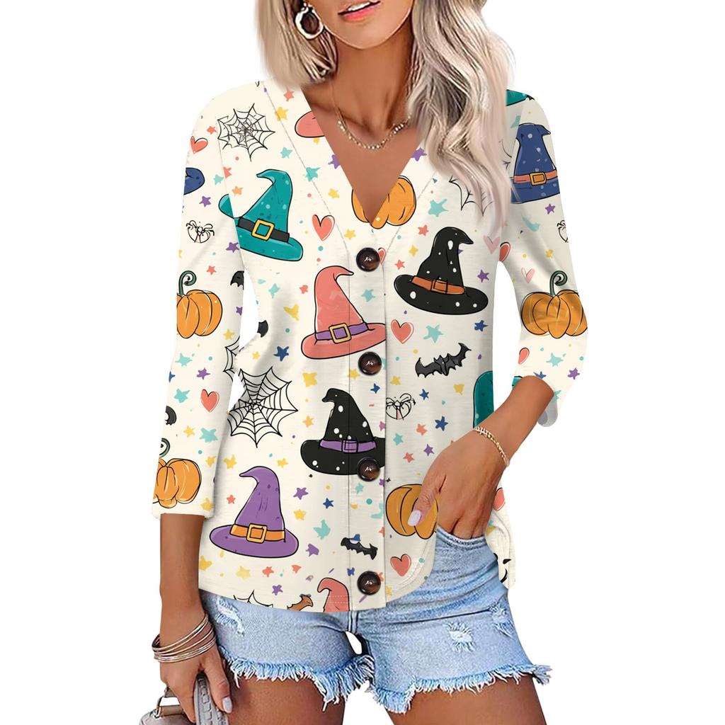 Damenmode Lässiges bedrucktes Button-Down-Hemd 3/4 lange Ärmel Oberteile